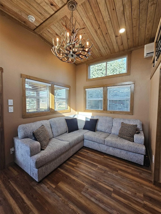 301 Kingfisher Loop, Eureka, MT 59917 - living area with wood ceiling, dark wood-type flooring, a chandelier, a wall unit AC, and recessed lighting