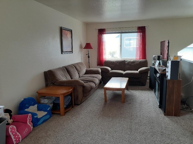 living room with carpet and a textured ceiling