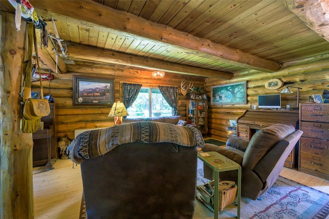 living room featuring wood ceiling, light wood-type flooring, and beam ceiling