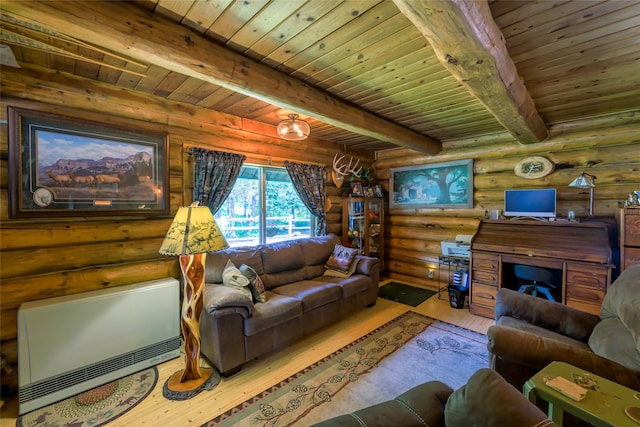 living area featuring wooden ceiling, light wood-style flooring, log walls, and beam ceiling