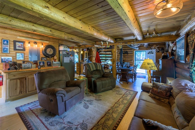 living room with wooden ceiling, beamed ceiling, log walls, and light wood finished floors