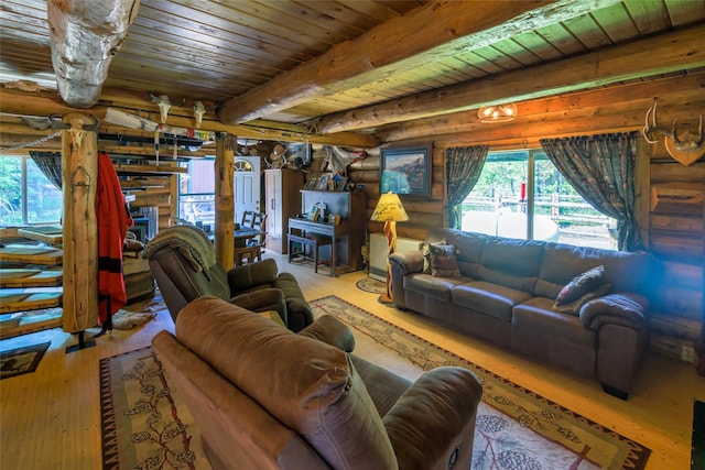 living area featuring wood ceiling, rustic walls, beamed ceiling, and light wood finished floors