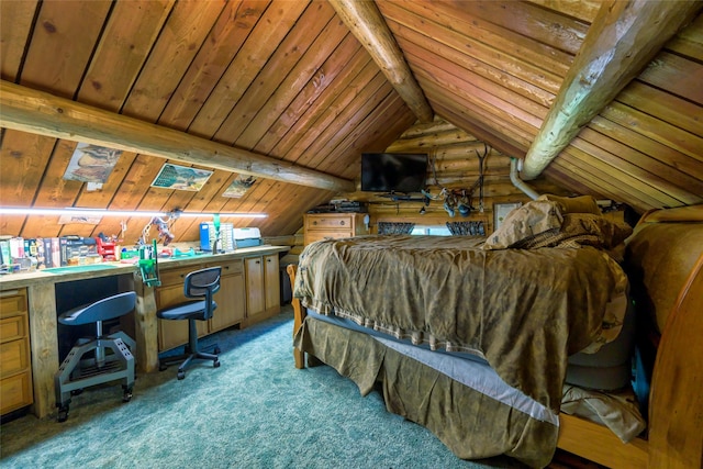 bedroom with lofted ceiling with beams, wooden ceiling, and light carpet