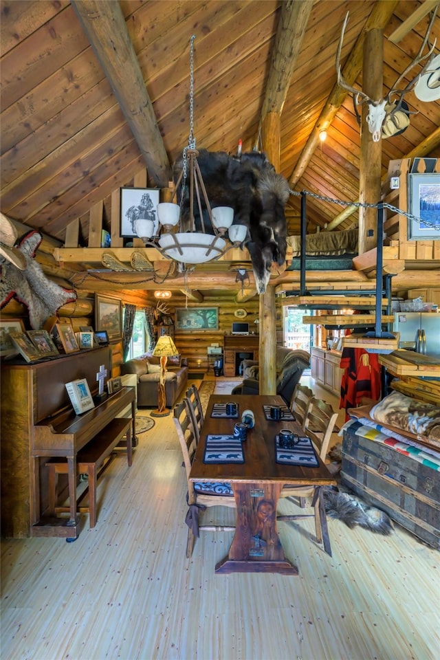 interior space with wood ceiling, beam ceiling, log walls, and wood finished floors