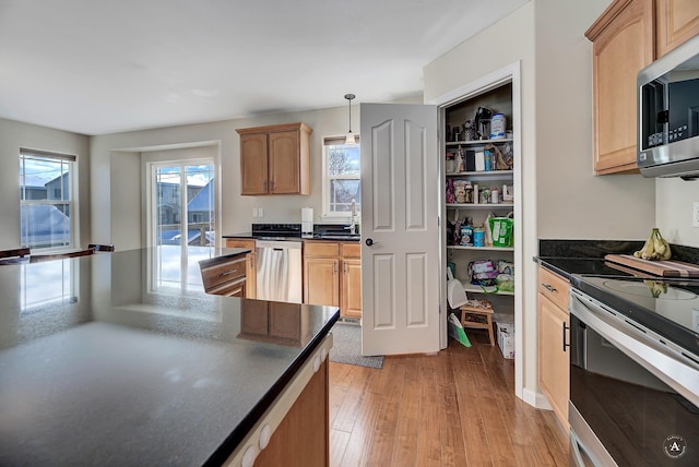 kitchen featuring appliances with stainless steel finishes, dark countertops, light wood-type flooring, and decorative light fixtures