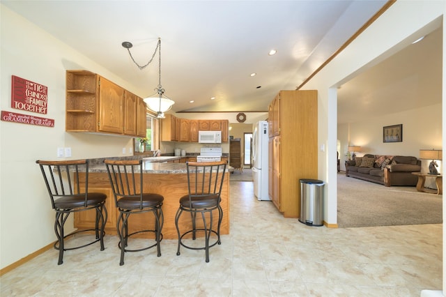 4901 Hoblitt Ln S, Florence, MT 59833 - kitchen featuring white appliances, a peninsula, open shelves, a sink, and lofted ceiling
