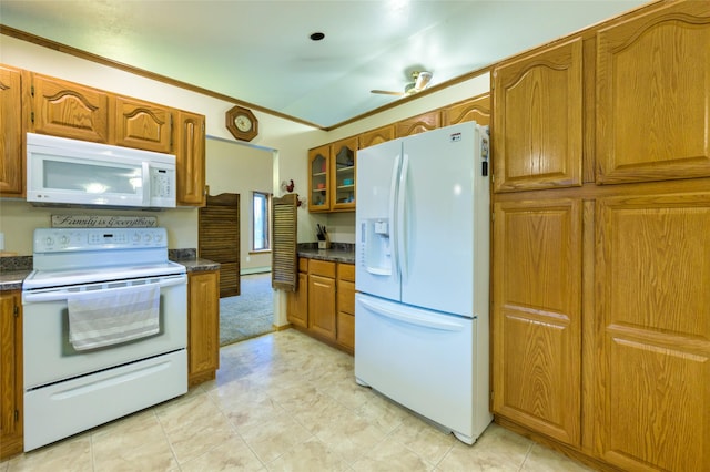 4901 Hoblitt Ln S, Florence, MT 59833 - kitchen with white appliances, dark countertops, brown cabinetry, and a ceiling fan