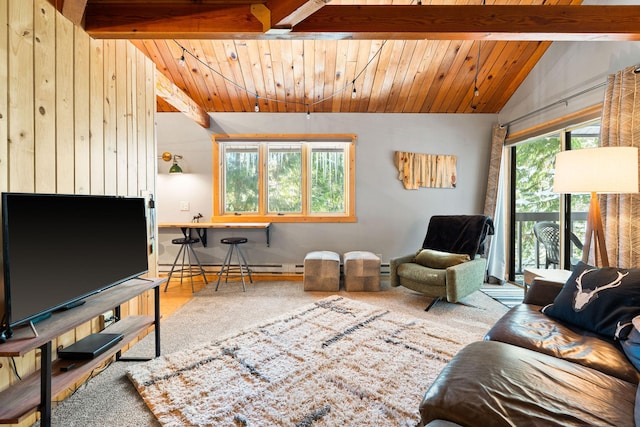 living area with lofted ceiling with beams, wooden ceiling, and a baseboard radiator