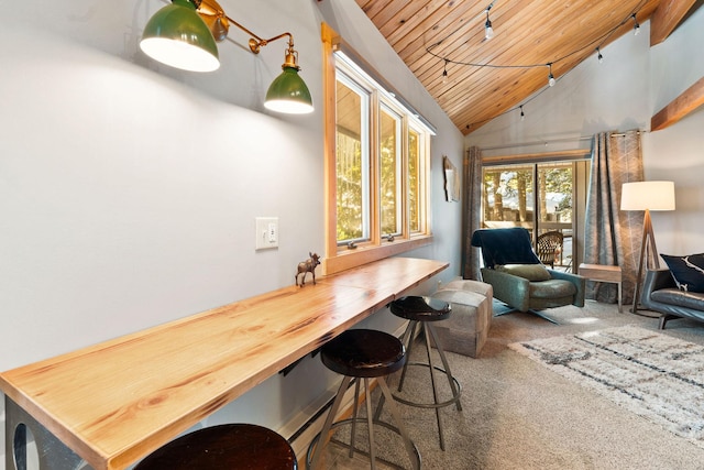 interior space featuring a baseboard radiator, wood ceiling, high vaulted ceiling, and carpet flooring