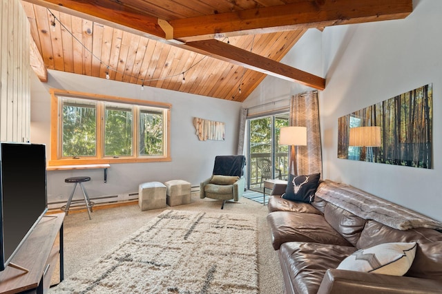 carpeted living area featuring a baseboard radiator, wood ceiling, and vaulted ceiling with beams