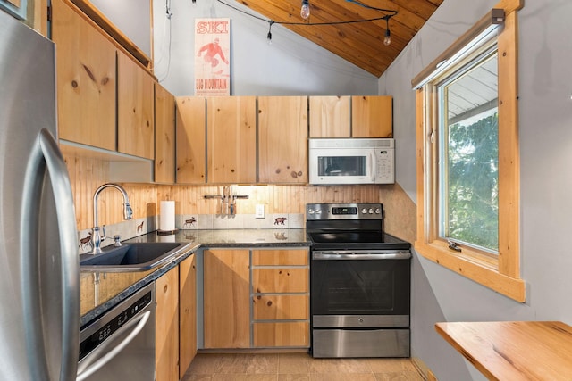 kitchen with dark countertops, wooden ceiling, vaulted ceiling, stainless steel appliances, and a sink