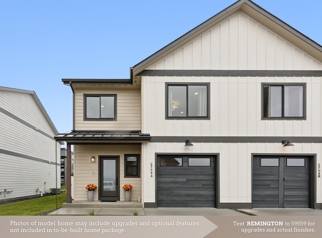 modern farmhouse featuring an attached garage, board and batten siding, a standing seam roof, metal roof, and driveway