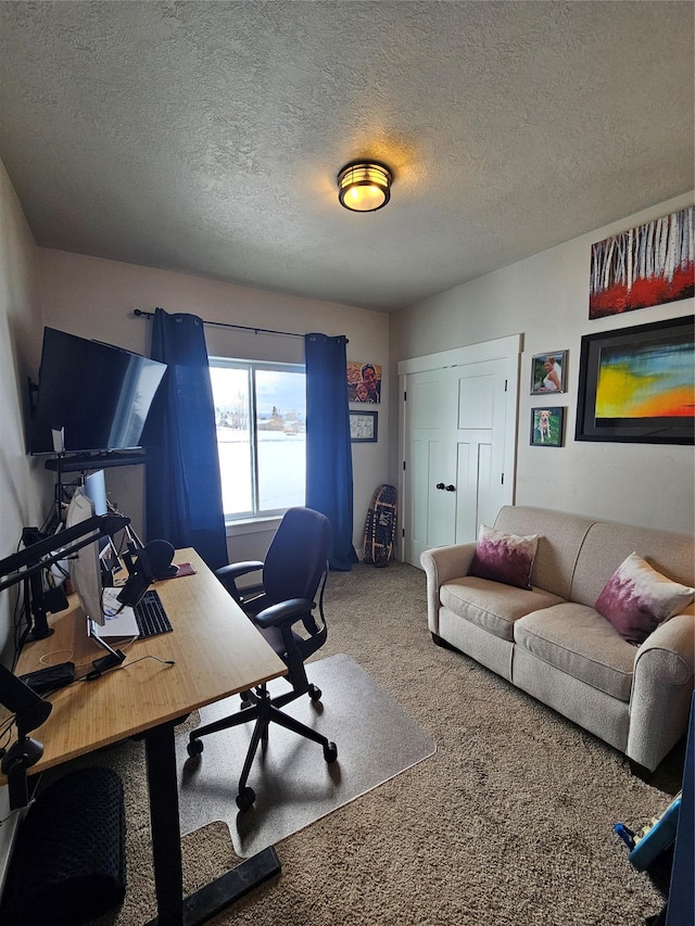 office area featuring carpet floors and a textured ceiling