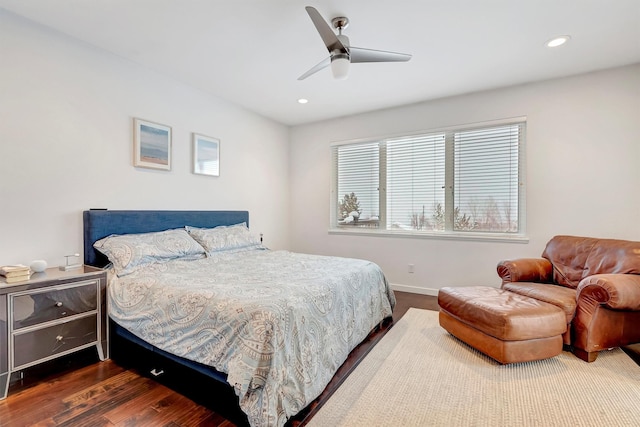 bedroom featuring baseboards, dark wood finished floors, a ceiling fan, and recessed lighting