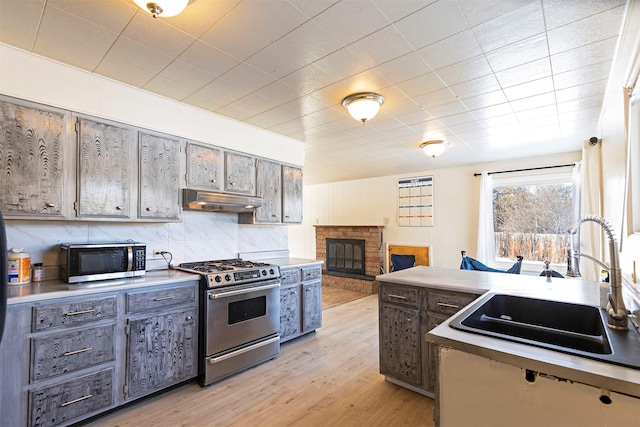 kitchen with a fireplace, stainless steel appliances, light wood-style floors, a sink, and under cabinet range hood