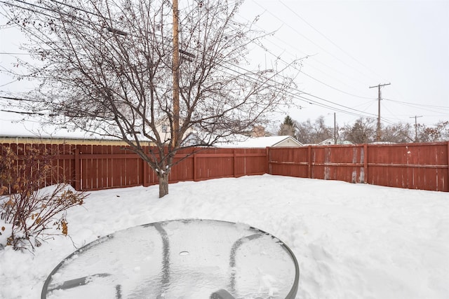 yard layered in snow featuring a fenced backyard