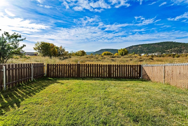 view of yard featuring a fenced backyard and a mountain view