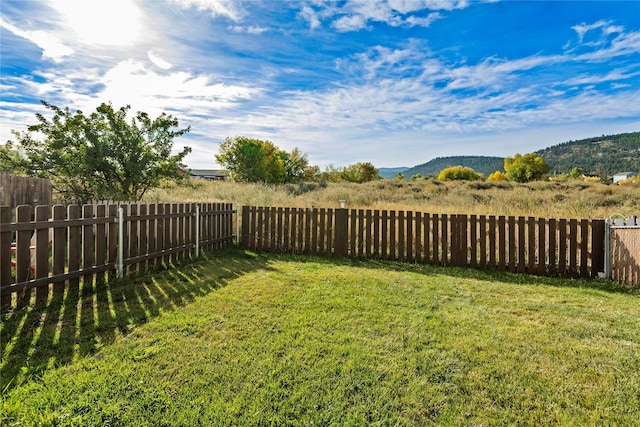 view of yard with a fenced backyard and a mountain view