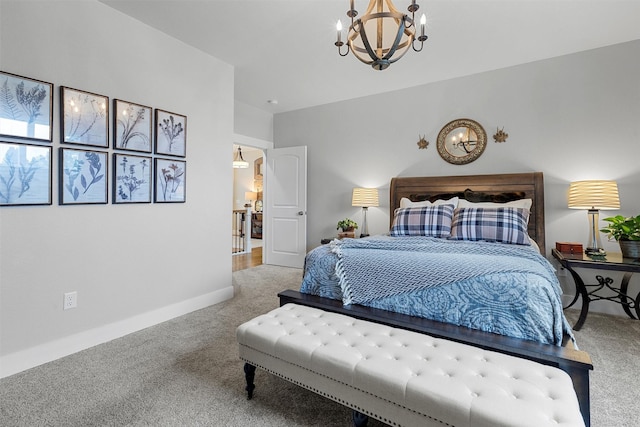 bedroom with light carpet, baseboards, and a notable chandelier