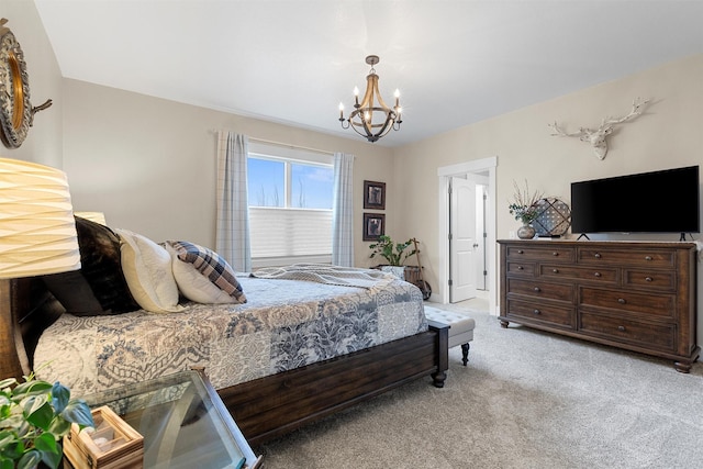 bedroom featuring light carpet and a notable chandelier