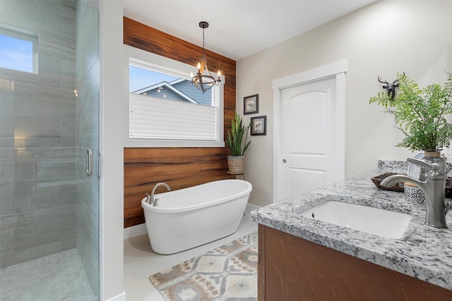 full bathroom featuring plenty of natural light, a shower stall, a freestanding tub, and vanity