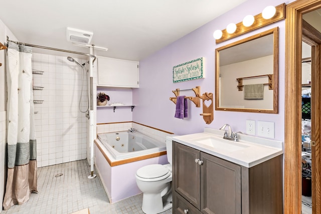 full bath featuring toilet, a tub with jets, tile patterned floors, a tile shower, and vanity