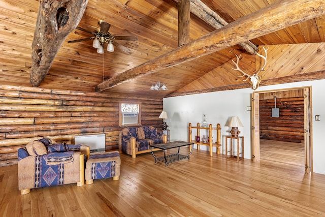 living area featuring wooden ceiling, ceiling fan, wood finished floors, high vaulted ceiling, and beam ceiling