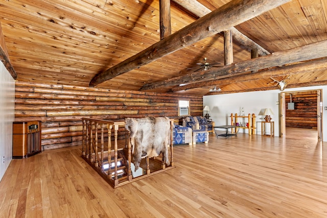 interior space featuring a ceiling fan, light wood-type flooring, wood ceiling, and lofted ceiling with beams