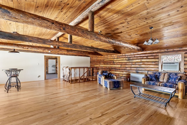 sitting room with rustic walls, lofted ceiling with beams, wood ceiling, an upstairs landing, and wood finished floors