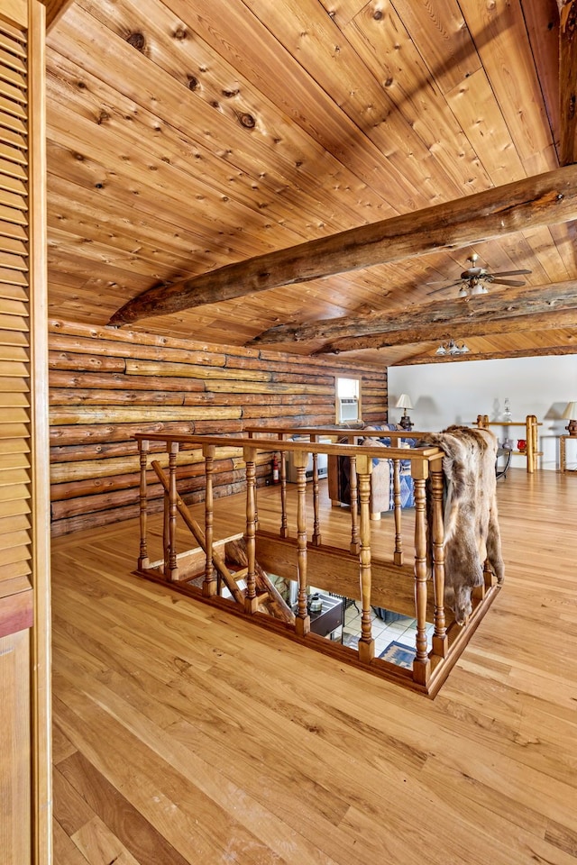 bonus room featuring wooden ceiling, light wood-style flooring, log walls, and beam ceiling