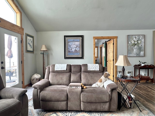 living room featuring vaulted ceiling and wood finished floors