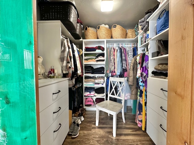 walk in closet featuring dark wood finished floors