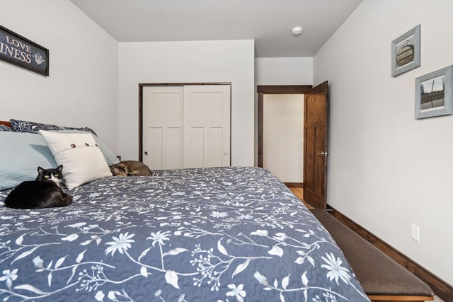 bedroom featuring baseboards, dark wood finished floors, and a closet