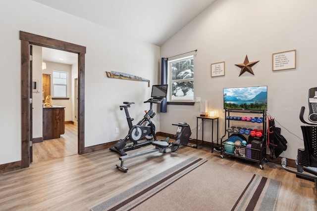 workout room featuring a wealth of natural light, lofted ceiling, and light wood finished floors