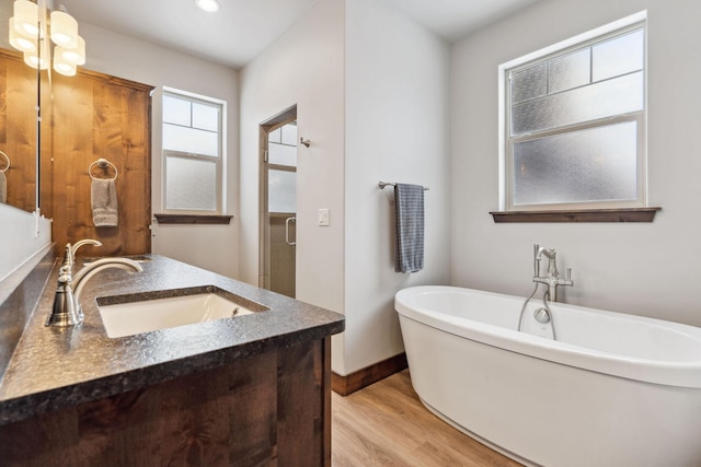 full bathroom with double vanity, a freestanding bath, a sink, wood finished floors, and baseboards