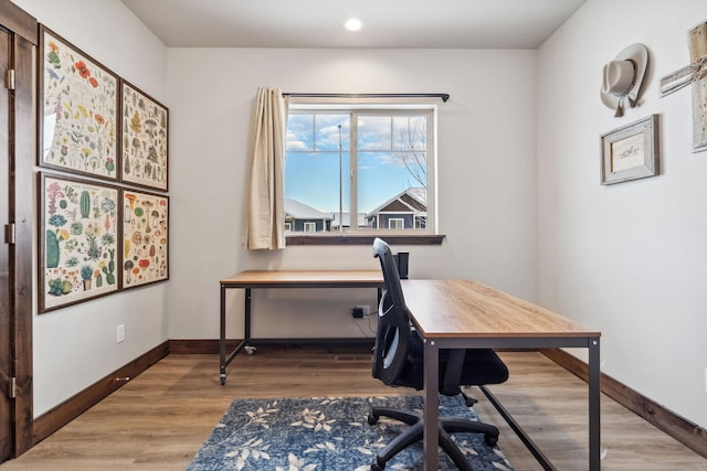 office with recessed lighting, baseboards, and wood finished floors