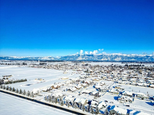 snowy aerial view with a residential view and a mountain view