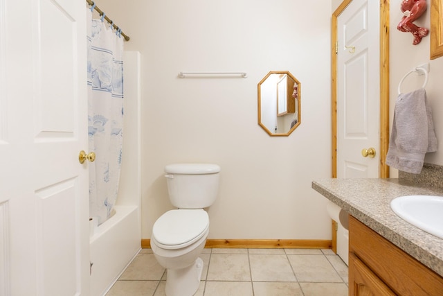 bathroom with shower / bath combo, baseboards, toilet, tile patterned floors, and vanity