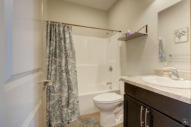 bathroom with toilet, tile patterned floors, vanity, and shower / tub combo with curtain