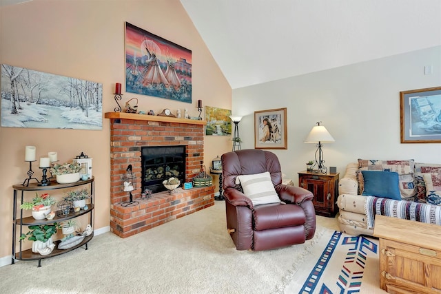 carpeted living area featuring high vaulted ceiling, a fireplace, and baseboards