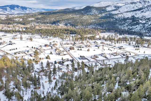 snowy aerial view featuring a mountain view