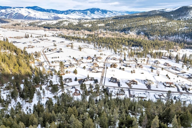 snowy aerial view featuring a mountain view