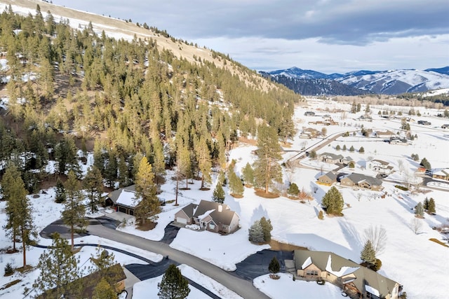 snowy aerial view featuring a mountain view