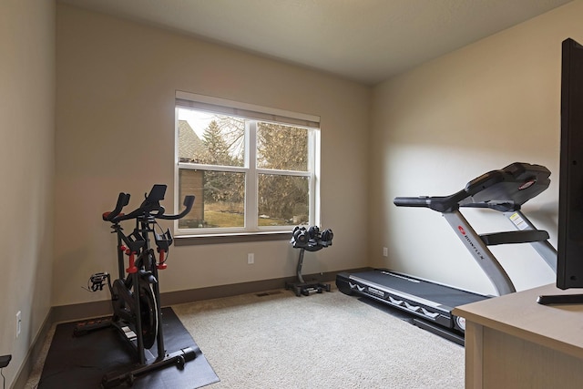 exercise room with carpet and baseboards