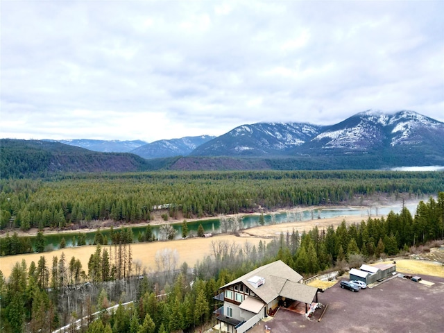 view of mountain feature with a water view and a view of trees