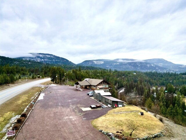 birds eye view of property featuring a mountain view and a view of trees