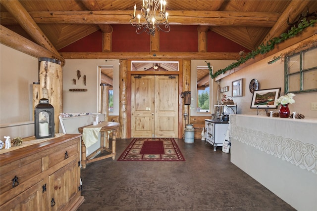 foyer featuring lofted ceiling with beams, wooden ceiling, and an inviting chandelier