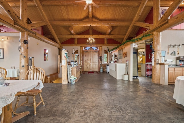 dining area featuring lofted ceiling with beams, concrete floors, ceiling fan with notable chandelier, and wood ceiling