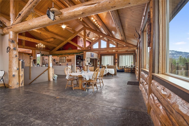 dining space featuring high vaulted ceiling, beamed ceiling, and wood ceiling