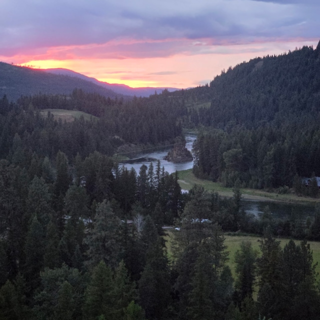 mountain view with a water view and a wooded view